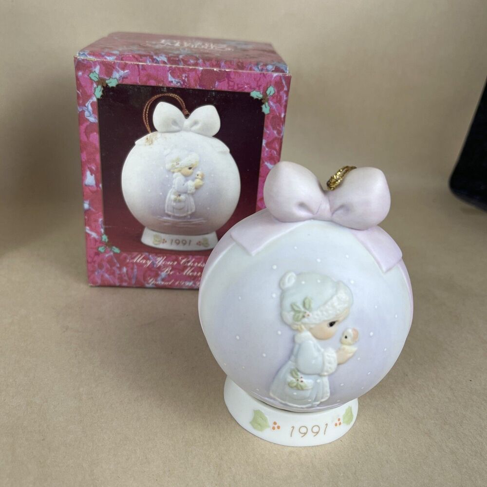 Precious Moments “May Your Christmas be Merry 1991” 2 piece Ball Ornament In Box